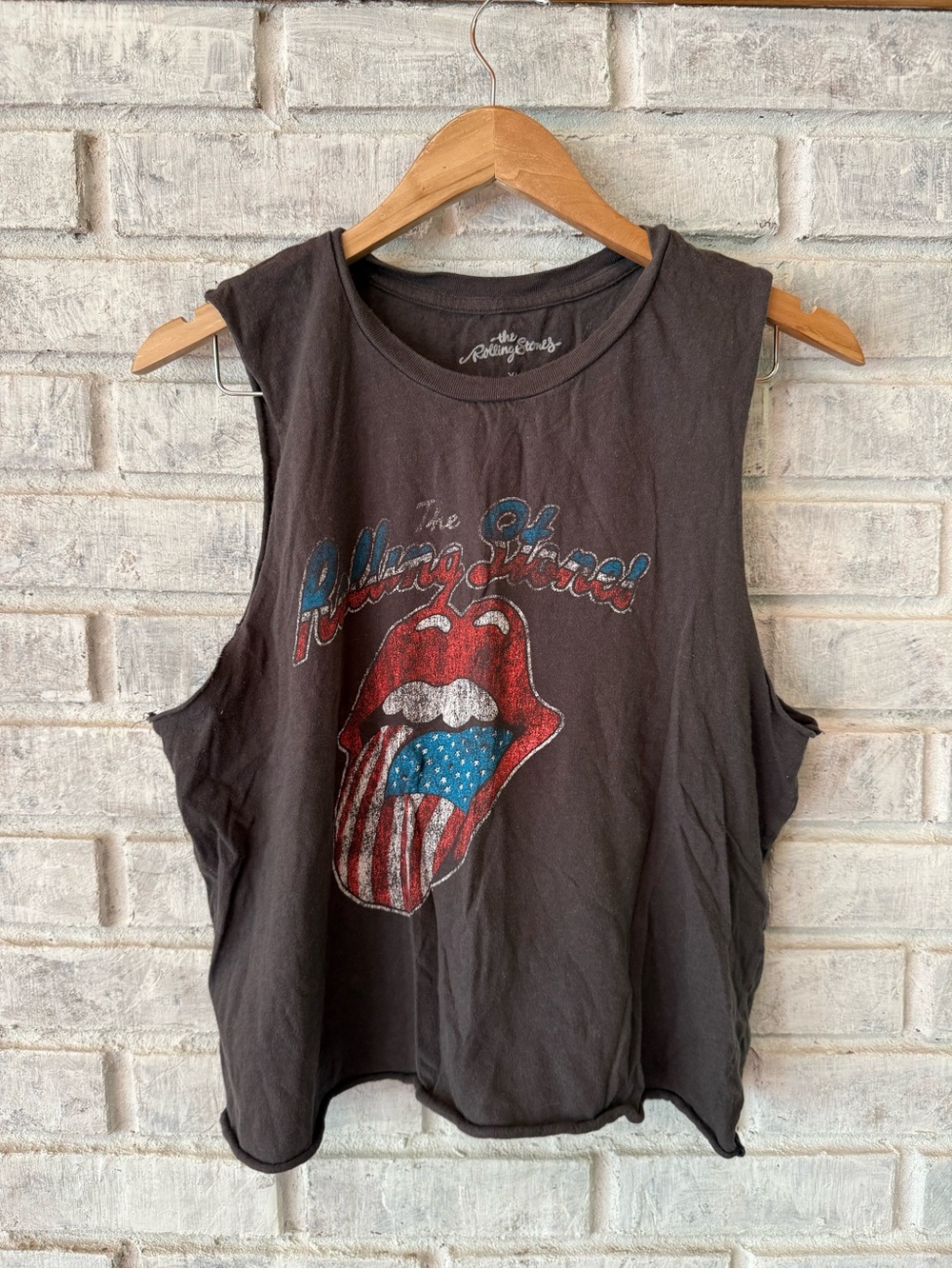 The Rolling Stones Black Graphic Muscle Tee with Patriotic Tongue